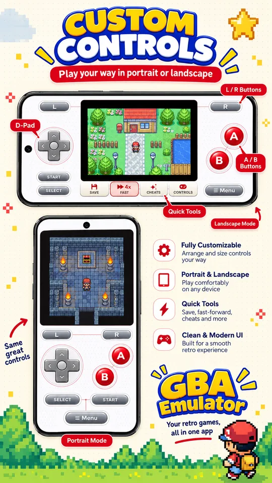 GBA Emulator custom on-screen controls in portrait and landscape