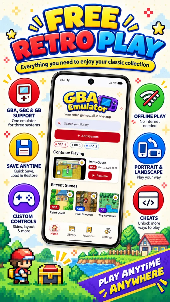 GBA Emulator overview: GBA, GBC and GB support, offline play, saves, custom controls and cheats