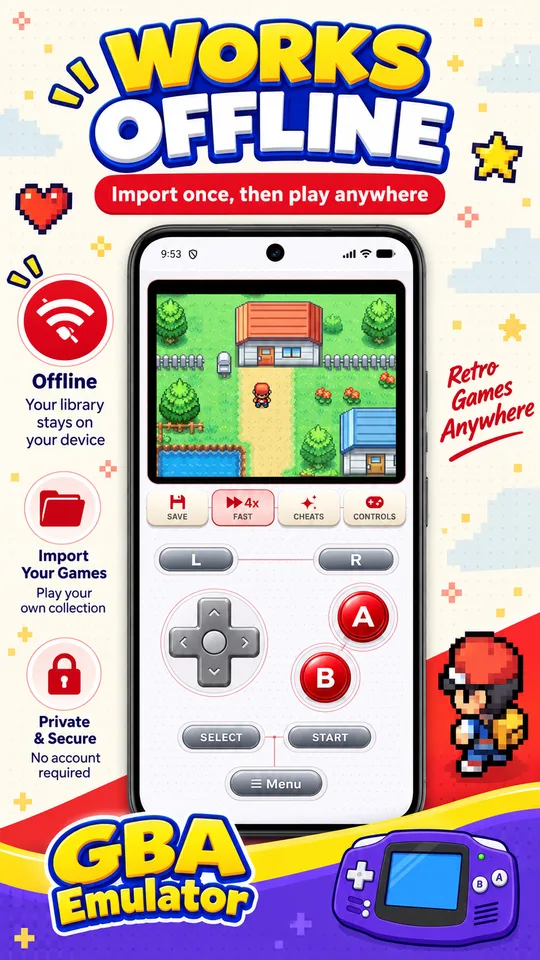 GBA Emulator gameplay screen with a note that imported games work offline