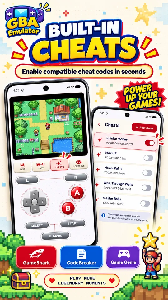 GBA Emulator cheats screen supporting GameShark, CodeBreaker and Game Genie codes