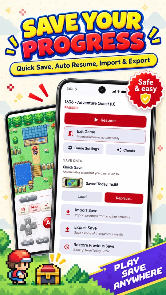 GBA Emulator save screen with Quick Save, import, export and restore previous save
