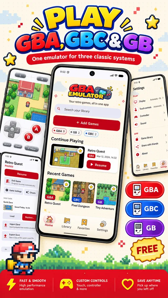 GBA Emulator playing GBA, GBC and GB games from one library