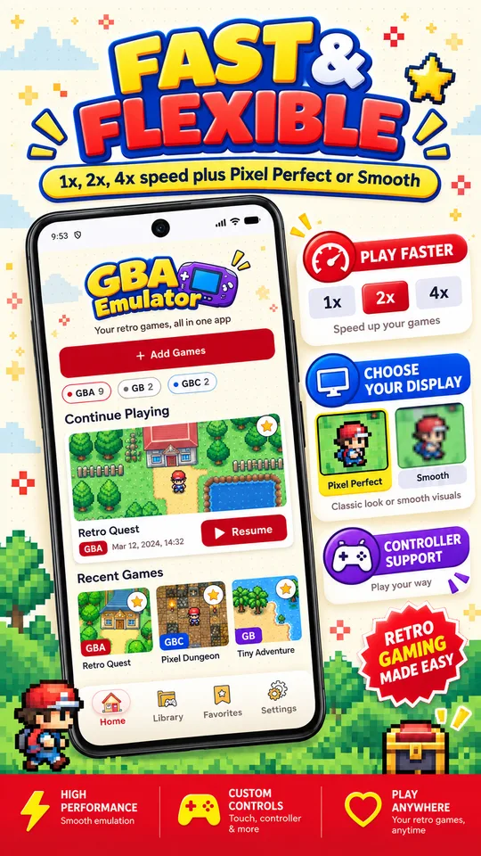 GBA Emulator speed options (1x, 2x, 4x) and Pixel Perfect or Smooth display